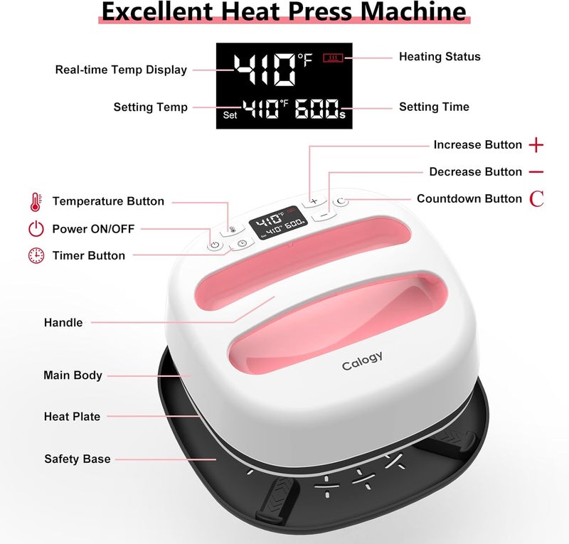 Calogy Heat Press Machine for T-Shirts 10"X10", Portable Heat Press Fast Up to 410℉(210 ºC), Precise Temp Control, 15 Mins Auto Off for Bag, Pillows, Sublimation Vinly Transfer(White Pink, 10 x 10 In) - Image 5